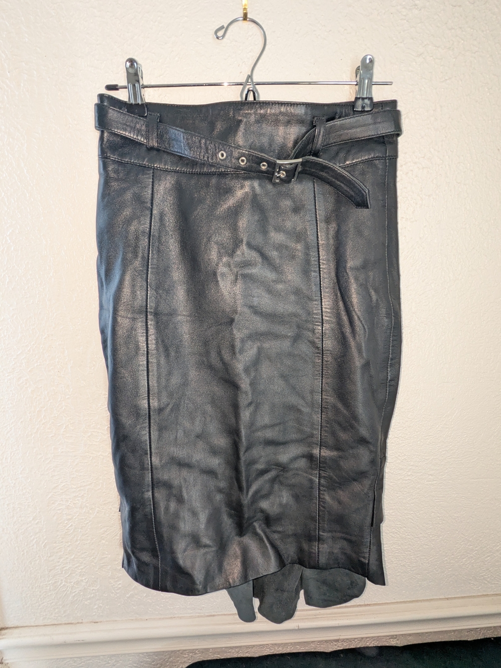 Classic Black Leather Pencil Skirt with Belt